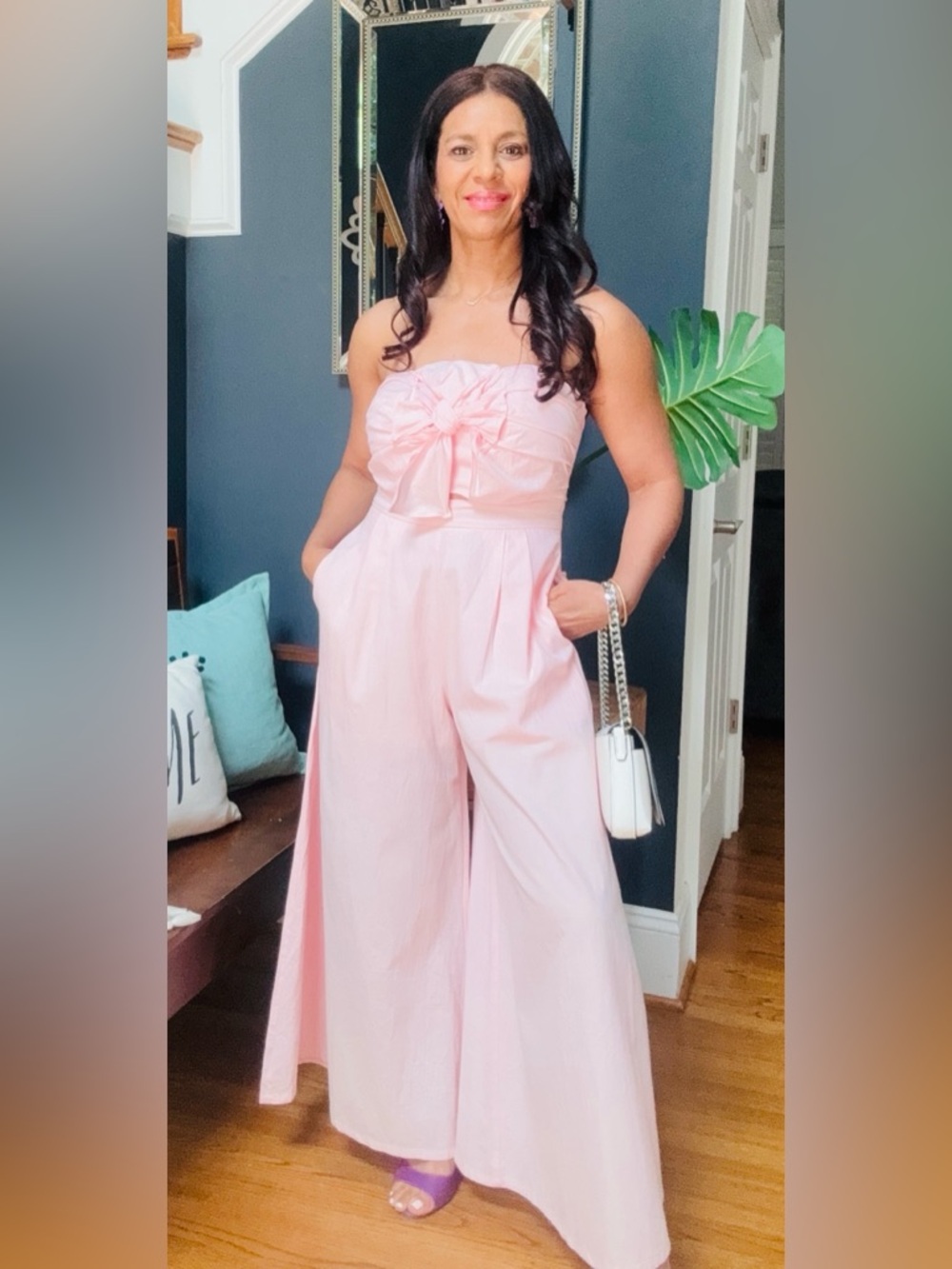 the clothing company Strapless Light Pink Wide-Leg Jumpsuit with Front Knot